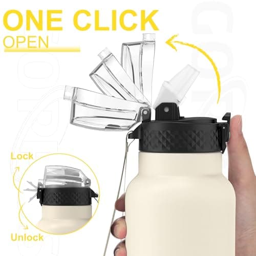 GOPPUS 750ml/26oz Stainless Water Bottle with Straw Double Wall Insulated Bottles with Strap Reusable Vacuum Thermal Flask Leakproof Keep Cold Drinks Bottles with Flip Top Lid BPA Free (Beige) — view 3