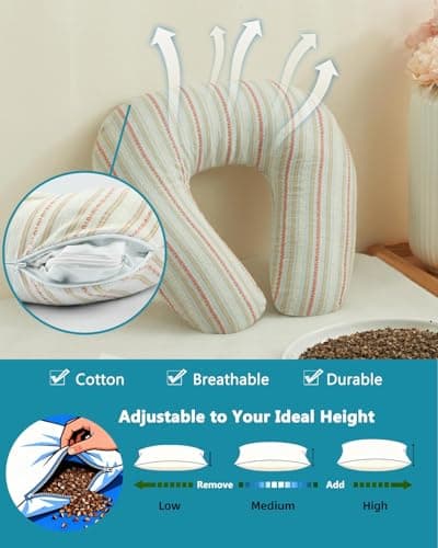 Edomi Buckwheat U Shaped Neck Pillow - 12''x12'' Adjustable Cervical Support Pillow with Breathable Buckwheat Hulls, Removable Cotton Cover, Ideal for Airplane, Office or Home Use (Grey) — view 2
