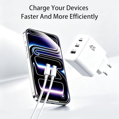 EU plug travel adapter charger, 45W European plug travel charger with 2 USB-C fast charging ports and 1 USB-A port, with 65W USB C fast charging cable — view 4