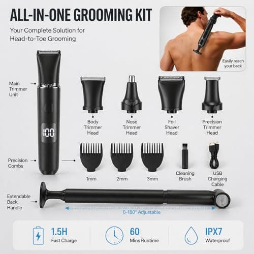 Mens Back Shaver Body Trimmer, 5 in 1 Kit Electric Hair Groomer — view 2