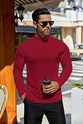 Ekouaer Men's Mock Turtleneck Shirts Long Sleeve Basic Turtle Neck Undershirt Lightweight Thermal Top Red M — view 2
