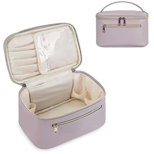 Travel Makeup Bag, Large PU Leather Cosmetic Case with Brush Compartment, Purple