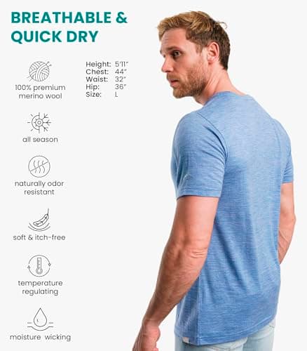 100% Merino Wool T Shirt Mens - Merino Wool Base Layer Men + Hiking Socks (Deep Blue, Large) — view 2