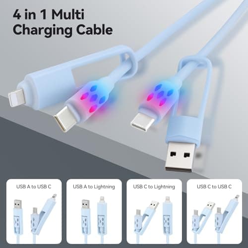 aceyoon 4 in 1 Colorful Charging Cable, 60W Fast Charge Multi Charger Cable with RGB LED Light, USBA/TypeC to TypeC/Lighting Charging Cord for iPhone, Samsung, MacBook Tablets, Laptop — view 2