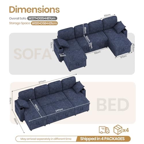 Corner Sofa Bed, Convertible U-Shaped Sofa with Double Storage Chaise, USB & Type-C Ports, 4 Seater Pull Out Sofa Couch Bed with 2 Cup Holders and 2 Pillows for Living Room, Chenille Blue — view 2