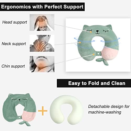 Travel Pillow - Soft Memory Foam Neck Pillow for Adults, Kids, Children, Convenient & Portable U Shaped Pillows, Cute Animal Airplane pillow for Home, Office, Camping, Travelling, Sleeping (Green) — view 5