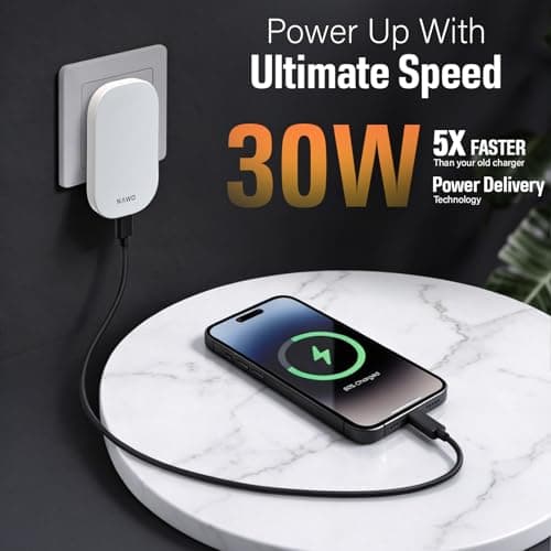 30W Dual Port Fast Charger Plug, Ultra Slim USB C PD + USB A QC, White UK — view 4