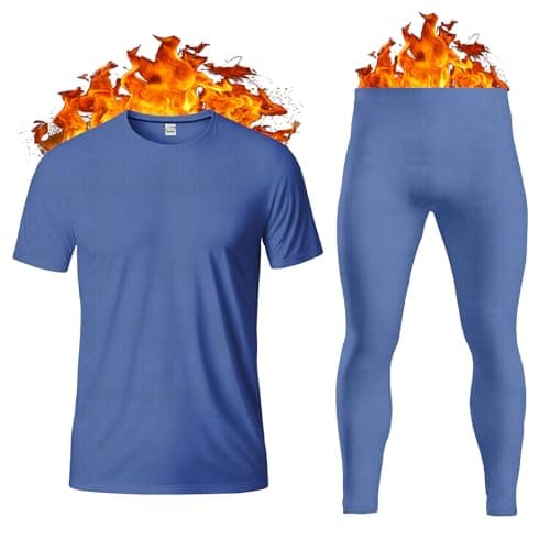 Thread Linens Men's Thermal Underwear Set Base Layer - Short Sleeve T-Shirt/Vest/Top and Long Johns For Men Ultra Soft Warm Underwear Man Body Warmer Size S-XXL (Blue, M)