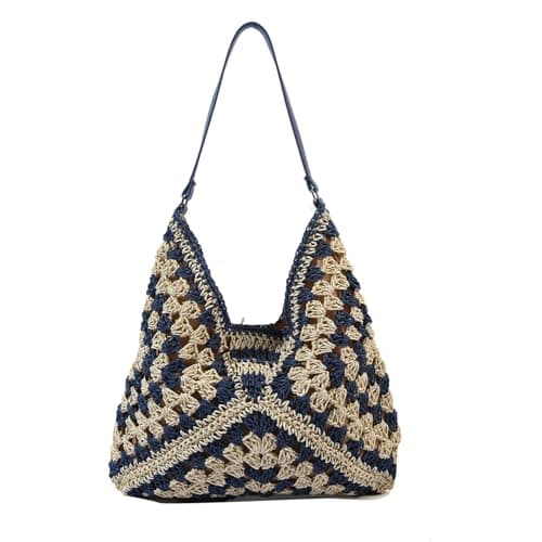 Skyearman Ladies Straw Shoulder Bag For Women Summer Beach Bag Large Fashion Shoulder Bag Straw Bag Hand-woven Handbags for Work Beach Trip Vacation (Blue)