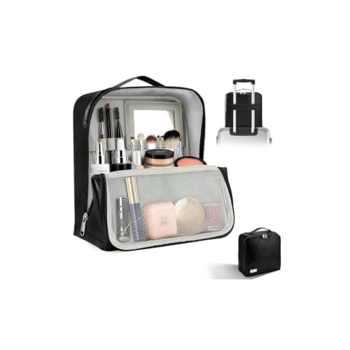 Travel Makeup Bag, CS COSDDI Make Up Bags for Women Large Capacity Cosmetic Bags Waterproof Toiletry Bag with Luggage Compartment Tie and Detachable Mirror, Leather Portable Standing Makeup Bag