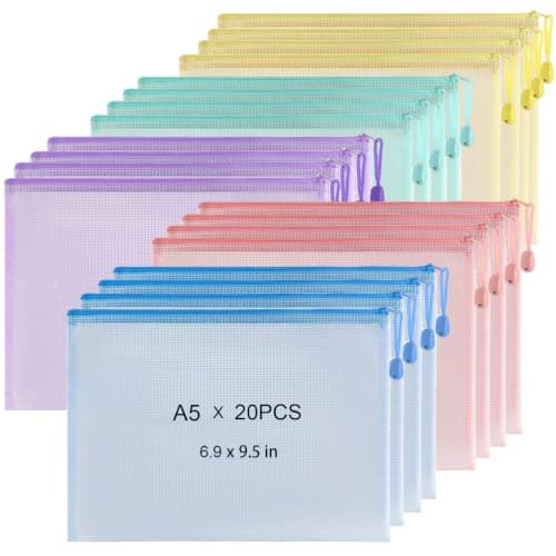20 Pack A5 Plastic Zip Wallets, Waterproof PVC File Folders with Mesh Window & Smooth Zipper, Multi-Coloured Document Organiser Bags for Office, School, Travel & Home Storage
