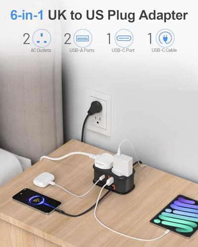 UK to US Plug Adapter with 1.5M Extension Cable, FDTEK 2 Way Travel Extension Lead with 3 USB Slots & Retractable USB C Cable, Type B Travel Adapter for American, Thailand, Canada, Mexico — view 2