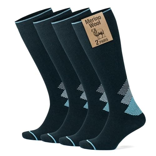GoWith 1-2 Pairs2 Pair Unisex Merino Wool Compression Socks, 15-20 mmHg Thermal Travel Cushioned Knee-High Socks for Men & Women, Black-Turquoise, Small, Model: 3591