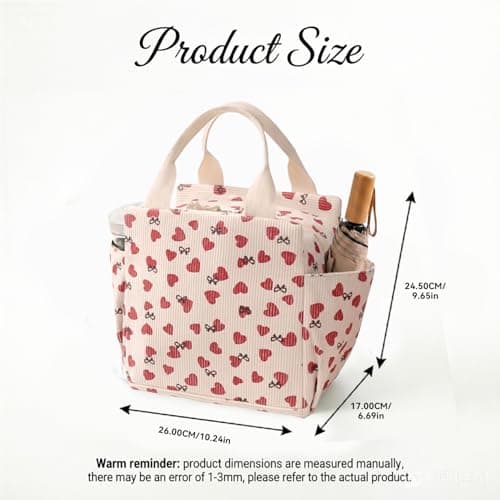 Arae Corduroy Insulated Lunch Bag Large Reusable Tote with Side Pockets Cooler Box for Work Picnic Travel Water Bottle Holder Collapsible Portable - Beige Heart — view 4