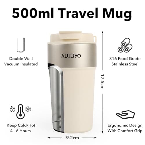 ALULIYO Travel Mug, Insulated Coffee Cup with Straw & Lid, 500ML, White — view 2