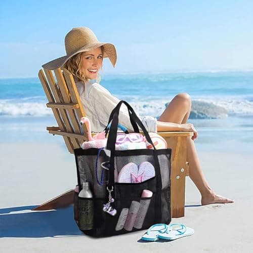 CCAIPU Large Mesh Beach Bag, Mesh Bag for Sand Toys, Foldable Handbags, Storage Bag with Pockets and Zip, for Beach, Holiday, Travel, Shopping (Orange) — view 2