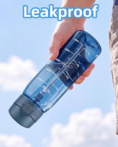 OLDLEY 600ml/20oz Water Bottles with Straw Leakproof Tritan Water Bottle with Handle BPA Free Time Marker Sports Drinking Bottle for School, Travel, Sports (Navy Blue) — view 3