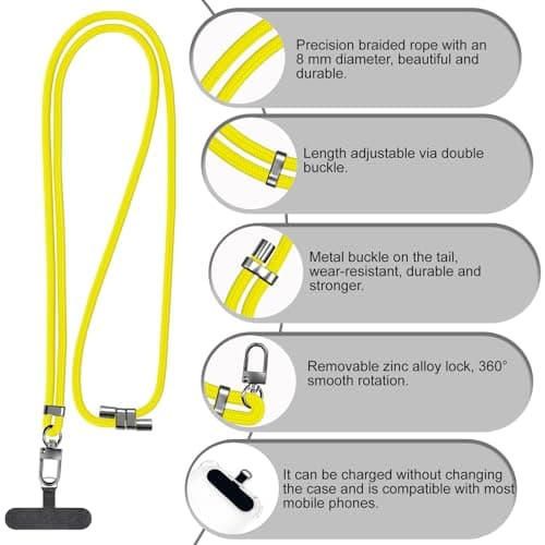 GanYesin Universal Phone Lanyard with 4 Patches, Adjustable Nylon Phone Strap for Men & Women Compatible with Most Phones, Key Lanyard and more for Outdoor Activities, Travel (Yellow) — view 3