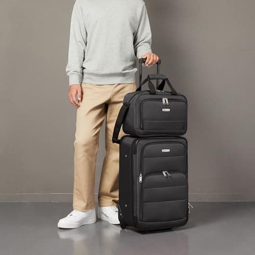 Amazon Basics 2-Piece Luggage Set, Expandable Cabin Suitcase (58 cm) and Tote Bag (25 cm), Soft Shell Suitcase with Wheels, Lightweight Polyester, Black, for Travel Work Weekend Breaks — view 5