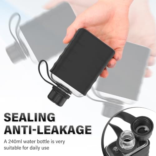 WAMEITF Slim Flat Water Bottle, 240ml Mini Portable Travel Flask with Silicone Sleeve and Leak Proof Lid, Small Flask Leakproof Pocket Drinking Bottle for Alcohol, Juice, Gym & Office(Black,240ml) — view 3