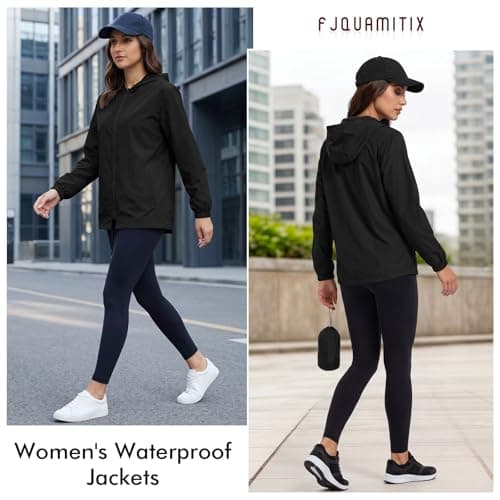 Fjquamitix Women's Jackets Lightweight Waterproof Jacket With Hooded Packable Waterproof Raincoat Women Rain Coat Ladies Summer Jackets For Hiking Travel (UK, Alpha, L, Regular, Regular, Black) — view 2