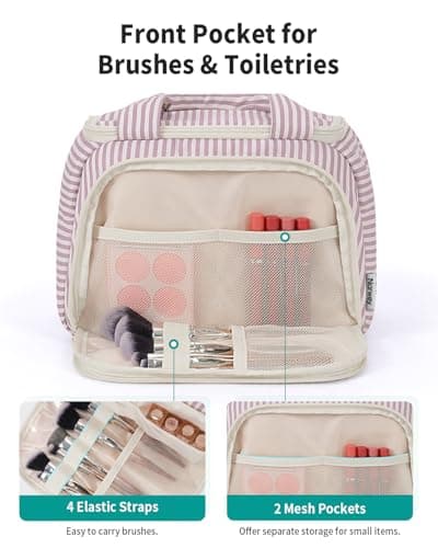 Narwey Large Toiletry Bag for Women, Travel Wash Bag Women for Full Size Toiletries, Wide Open Toiletries Bag Makeup Cosmetic Organizer Bag for Essentials Accessories (Dusty Rose Stripe) — view 3
