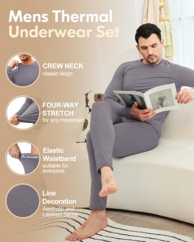 CL convallaria Men's Thermal Underwear Set Ultra Soft Fleece Lined Long Johns Winter Gear Base Layer Top and Bottom Set Sport Style Grey — view 4