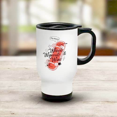 Shopagift Personalised Funny Skater Wheels Wipeouts & Wins Travel Mug Stainless Steel 14oz Cup — view 2