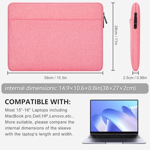 HEDUGO Laptop Sleeve Case with Accessory Pocket Padded Computer Carrying Pouch 15 to 16 inches Compatible with MacBook Air/Pro Protective Laptop Cover for 15”-16” Chromebook/Notebook/Tablet, Pink — view 5