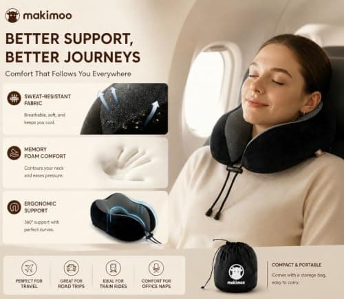 Makimoo Memory Foam Travel Pillow, Neck Pillow with 360-Degree Head Support, Comfortable and Lightweight, Ideal for Sleeping on Airplane, Car, Train, Bus and Home Use, Comes with Storage Bag (Black) — view 5