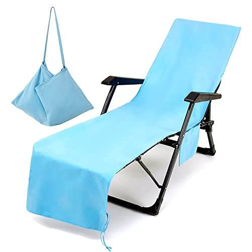 Morbuy Beach Chair Cover Towel, Solid color Beach Towel Lounger Bags with Pockets Sunbed Towels Fitted Microfiber Sun Lounger Towels for Summer Outdoor Garden Pool Vacation Travel (sky blue)