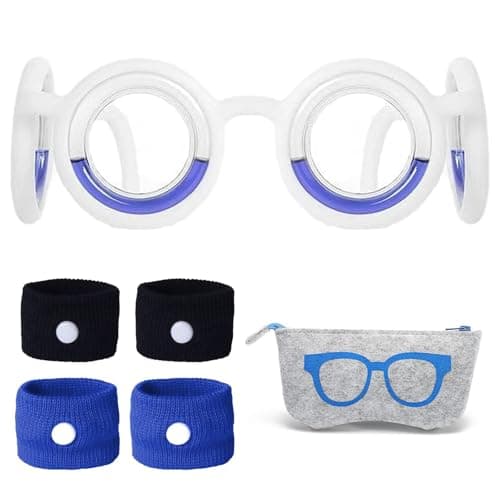 1 Piece Travel Sickness Glasses, Anti-Motion Sickness Smart Glasses Relieve Carsickness Airsickness Seasickness Glasses, Comes with 2 Pairs of Wrist Guards (Blue, Black) and 1 Glasses Bag