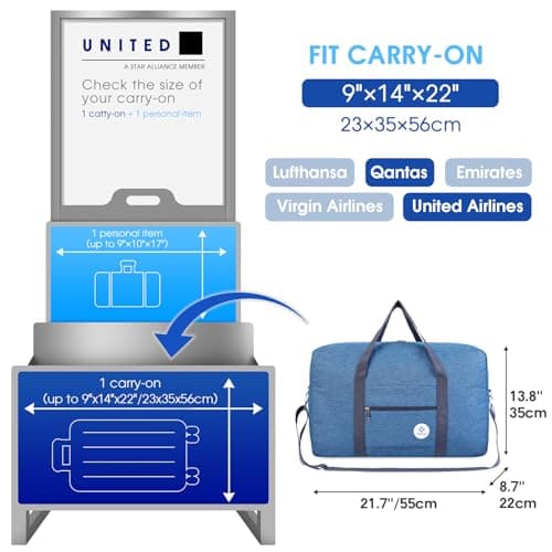 for Airlines Large Cabin Bag Foldable Travel Duffel Bag Holdall Tote Carry on Luggage Overnight for Women and Men 40L (Thick Series Navy Blue) — view 2