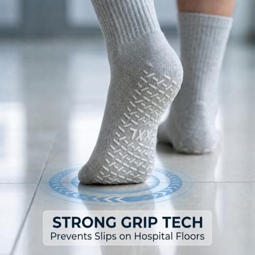 Pluvikon 2 Pairs Tread Non Slip Hospital Socks, Anti Slip Grip Traction Socks for Men Women, Cotton Travel Slipper Sock, One Size Fits All, Fall Prevention,Home Recovery and Travel Use, Grey — view 5