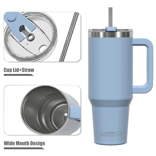 WATERSY Travel Mug Coffee Cup 40oz Tumbler Straw Lid and Handle, Stainless Steel Double Wall Vacuum Insulated Coffee Water Bottle Thermal for Cold Hot Coffee 1182ml Smog Blue — view 3