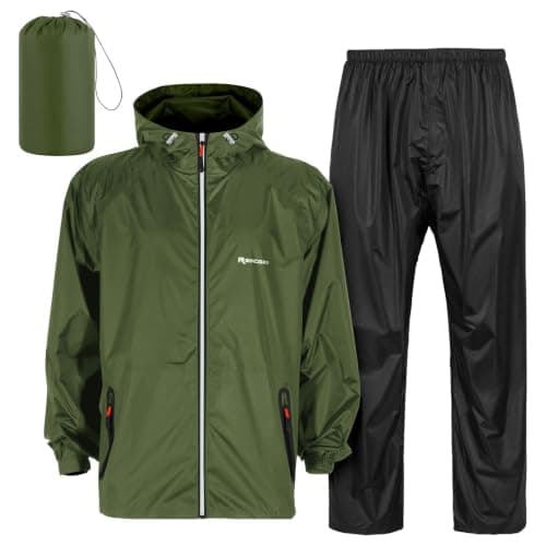 SOPPY Waterproof Rainsuit Jacket Pants Suits for Men Women, Hooded Rain Jacket Waterproof Coat with Trousers, Packable Raincoat Sets with Carrying Bag for Fishing Hiking Camping (Army Green, L)