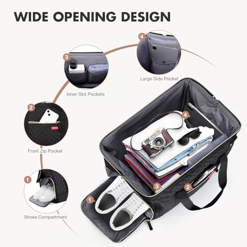 Lekesky Weekend Overnight Bags for Women - 45l Top Large Opening Travel Duffles Bag, Holdall Bag for Airlines with Shoes Compartment (Black,42 * 38 * 28cm) — view 4