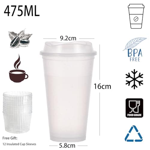 CuppaLifes 475ml Reusable Coffee Cups with Lids, 12 Pack Insulated Plastic Tumblers, Travel Mugs for Hot/Cold Drinks, Smoothie, Takeaway Cups for Adults (12, Glitter White) — view 2