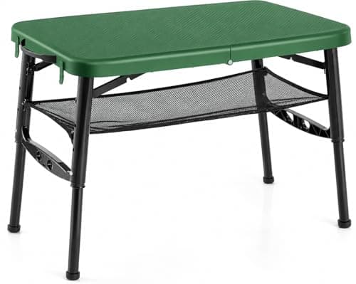 Unibos Folding Camping Table, Portable Picnic Table with 4 Adjustable Heights & Mesh Storage Shelf, Lightweight Foldable Outdoor Table for Camping, BBQ, Fishing & Garden