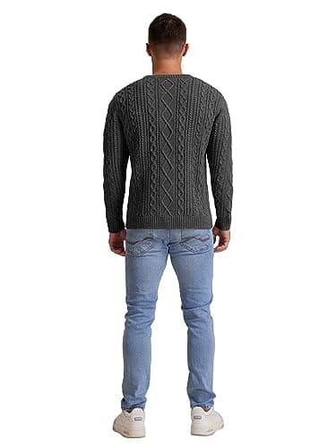 Hisir Men's Cable Knit Jumper, Thick Warm Crew Neck Winter, Dark Grey, XL — view 6