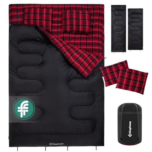 KingCamp Double Sleeping Bag with 2 Pillows Cotton Flannel 4 Season-Black