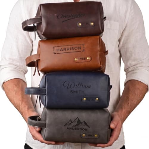 Personalised Mens Wash Bag, Leather Toiletry Bag for Men, Travel Dopp Kit