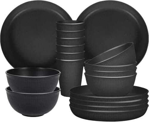 Camping Plates, Unbreakable Dinner Sets for 6, 18 Pcs Plastic Picnic Set for Party, Home & Picnic, Lightweight Microwave & Dishwasher Safe Camping Cutlery(Black)