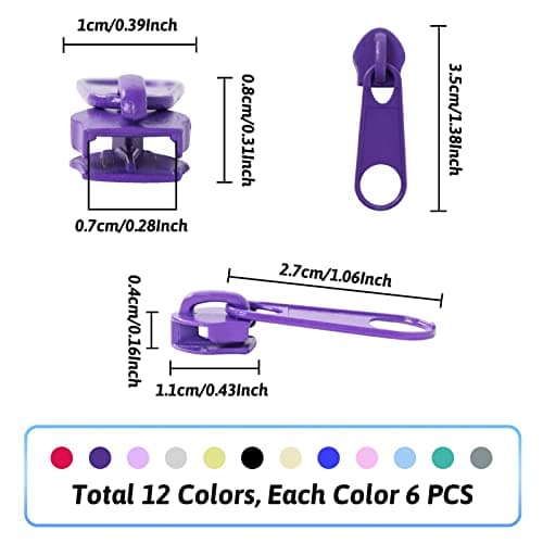 DOITEM 72Pcs Zipper Repair Kit Zipper Replacement 5# Zip Pull Rescue Kit for Clothing Jackets Purses Luggage Backpacks (12 Colors) — view 2