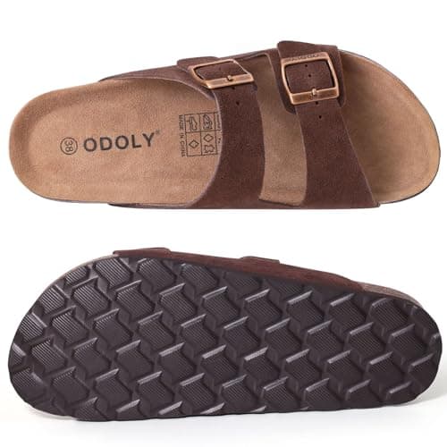 ODOLY Unisex Cork Footbed Slide Sandal, Arch Support Summer Outdoor Sandals with Adjustable Buckle for Women and Men, Brown Suede, 6.5-7 Women/5-5.5 Men — view 6