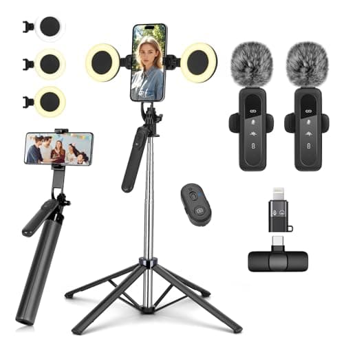 Selfie Stick Vlogging Kit for iPhone/Android, 180cm Selfie Stick with 2 Light and Wireless Microphone, Mobile Phone Tripod for Smartphone, Tiktok/YouTube Starter Kit