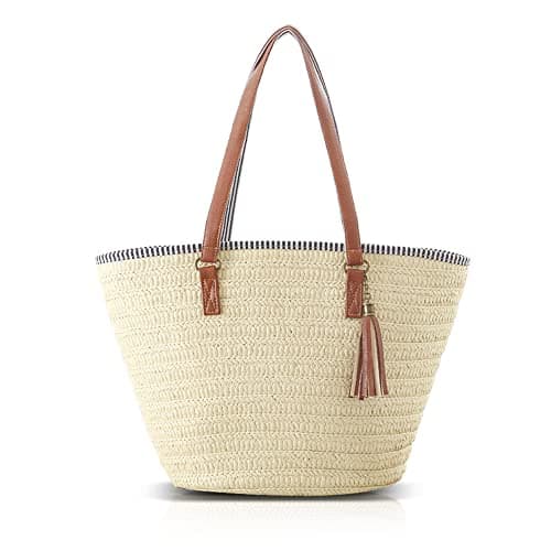 Pahajim Large Tote Bag with Zip Beach Bags for Women Straw Handbag Hand Woven Shoulder Bag for Travel, Holidays and Shopping