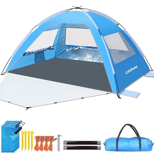 Chihee Beach Tent Camping Sun Shelter for 2-3 Person with UV Protection Silver-coated Fabric Breathable Mesh Extra Sandbags,Lightweight Easy Setup Portable Beach Shade Canopy Cabana