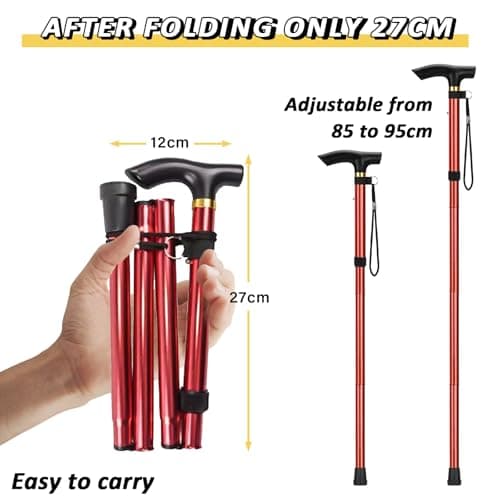 Walking Stick Adjustable Folding Walking Sticks for Women and Men, Walking Cane for Elderly Or Disabled, Folding Adjustable Height, Left Or Right Handed, Non-Slip Rubber Tip, Wrist (Red) — view 2