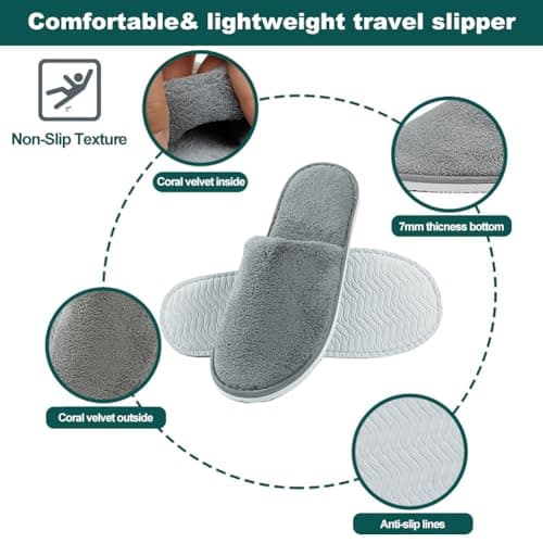Portable Travel Slippers - Soft Coral Velvet With Thick 7mm Anti-Slip Soles for Hotel, Spa, Bathroom, Home - Reusable for Men and Women (Adult, Grey) — view 6